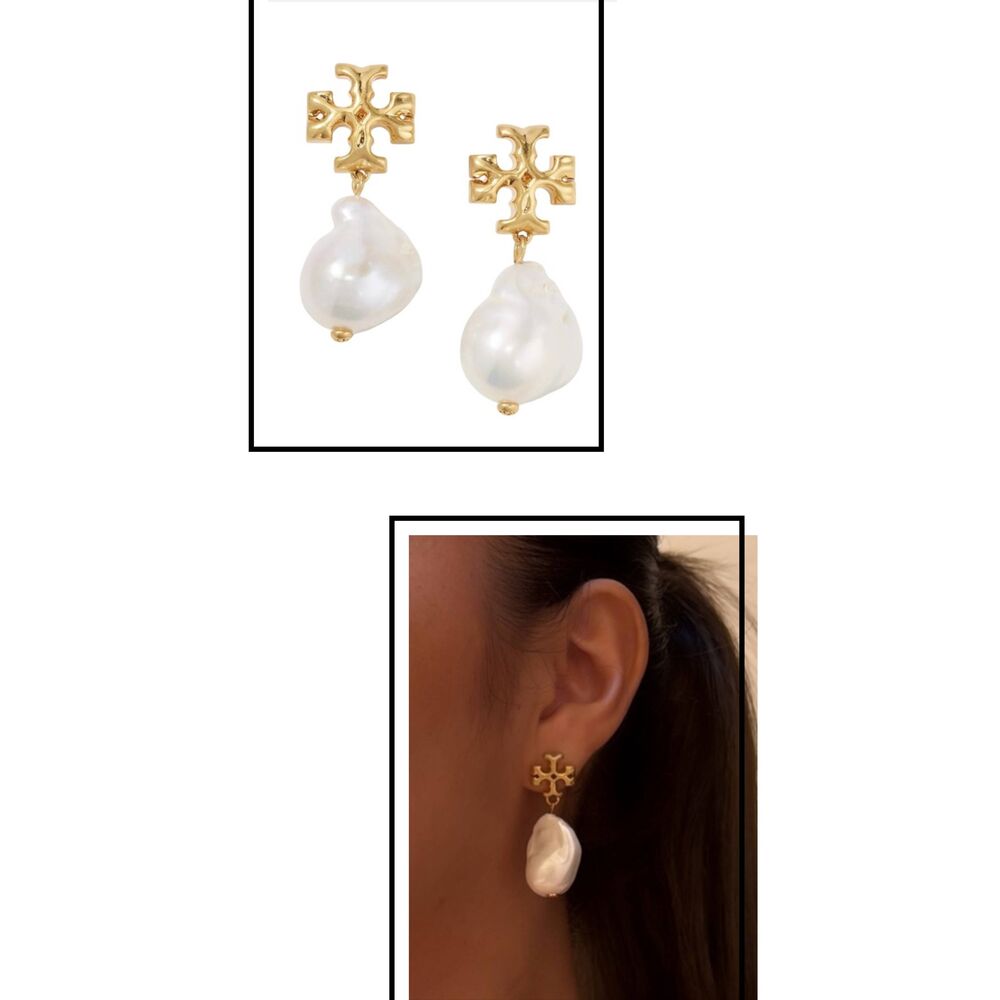 TORY BURCH Gold Double T Logo Baroque Pearl Drop Earrings